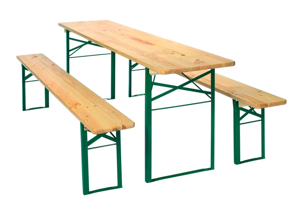 Bierzelt-Garnitur aus Kiefernholz und Stahlgestell mit 50 cm breitem Tisch mieten